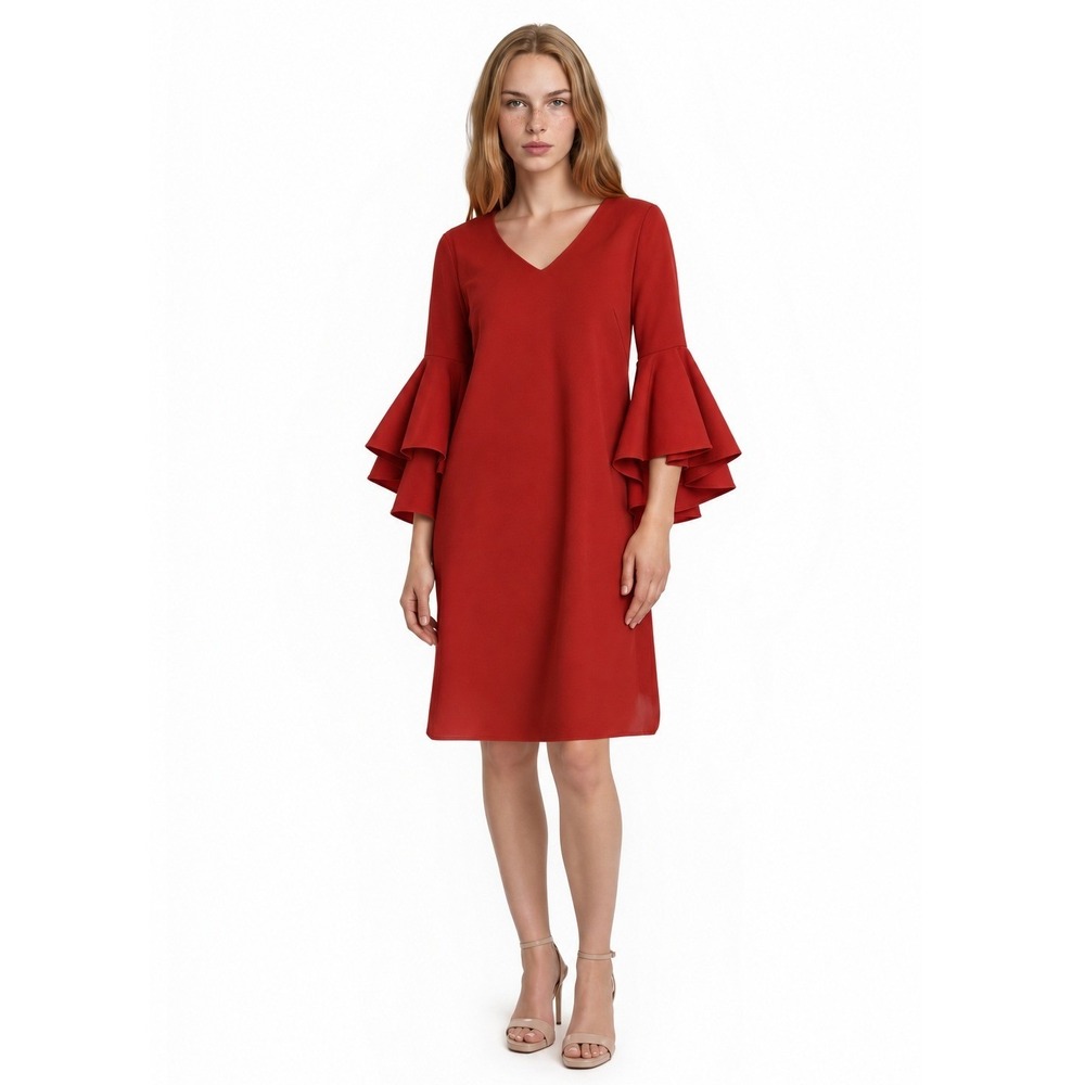 NWT Catherine Malandrino Sheath Dress Women's Size 10 Red Ruffle Sleeve V-Neck